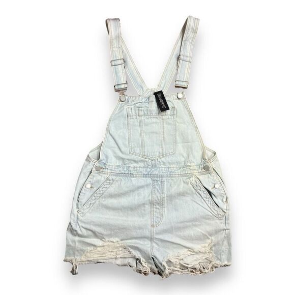 Blank NYC Women's L Blue Light Wash Shortalls Denim Overalls Raw Distress Hem‎ - Picture 2 of 12